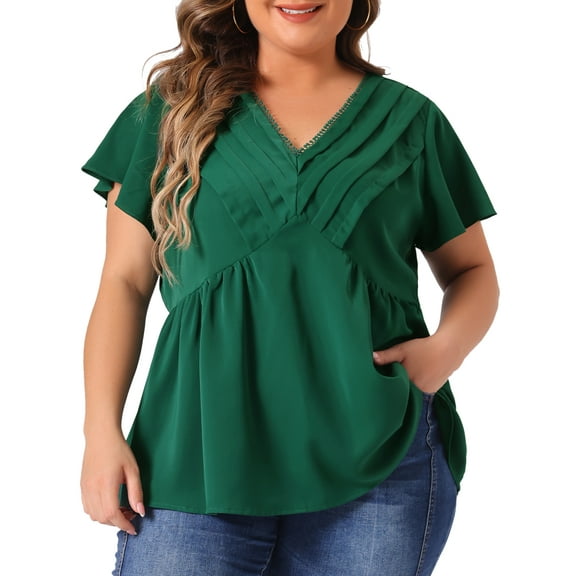 DARING DIVA Women's Plus Flare Sleeves V Neck Lace Front Peplum Blouse 2X Dark Green