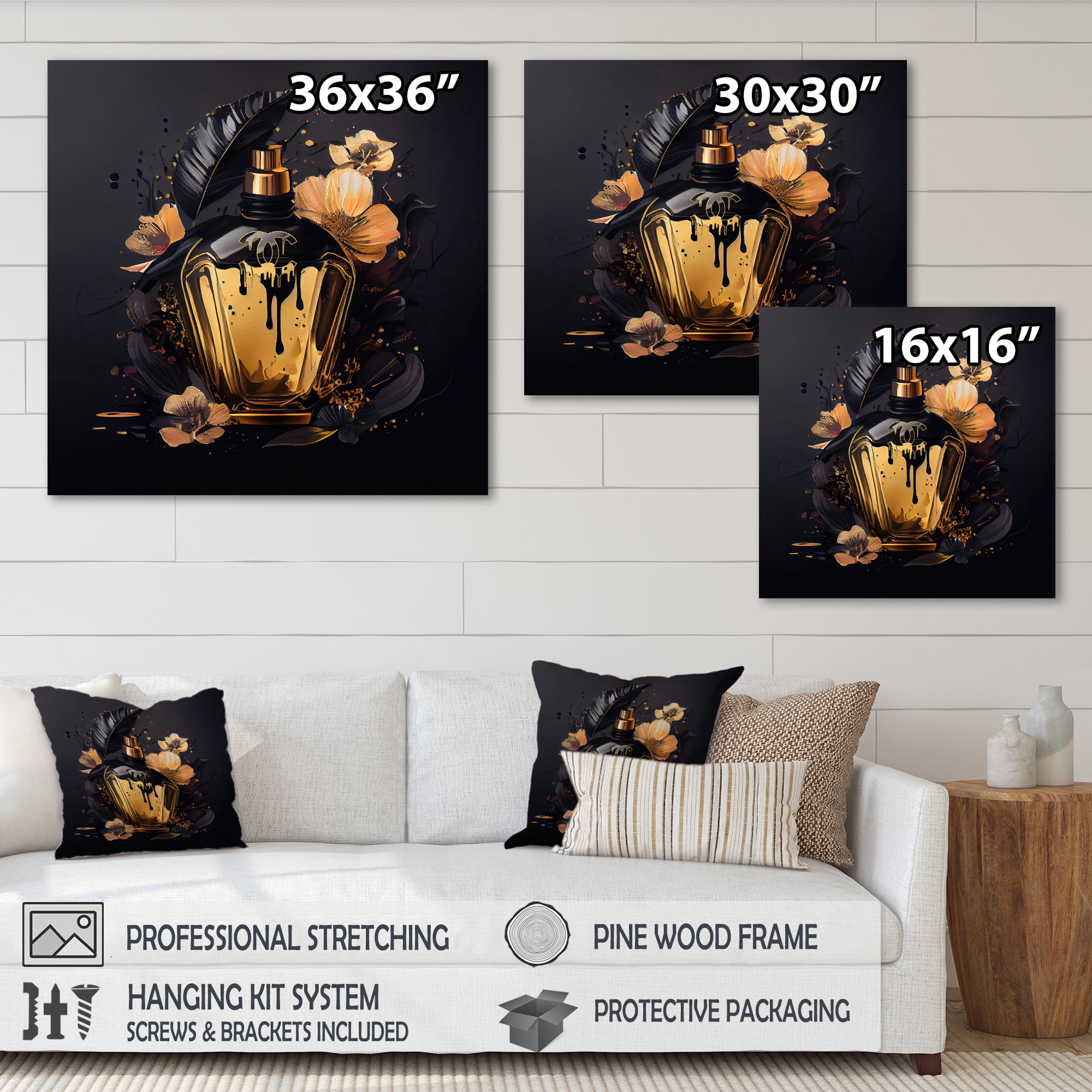 Designart Chic Black And Gold Perfume Bottle IX Canvas Wall Art