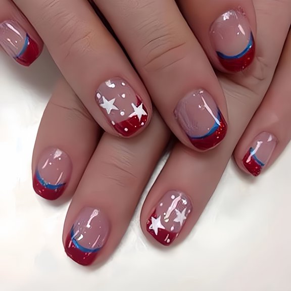 Cross-border short square fake nails fashion stroking Independence Day star design wearing nail nail finished product wholesale