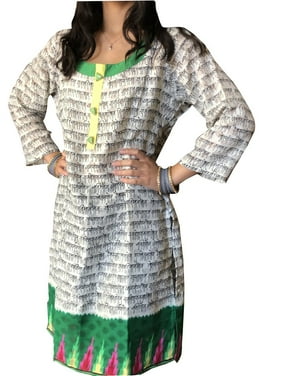 Mogul Women Tunic Dress Green White Mantra Printed Yoga Kurta Dresses M