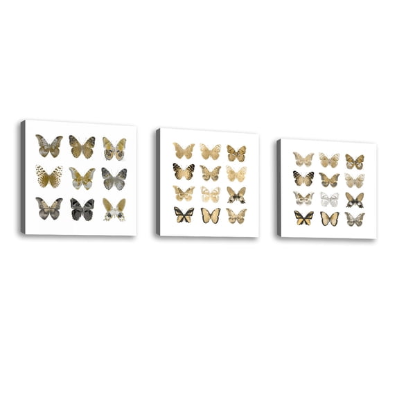 Set of 3 - Butterfly Study in Gold III - Contemporary Fine Art Giclee on Canvas Gallery Wrap - wall décor - Art painting - 24 x 24 Inch - Ready to Hang