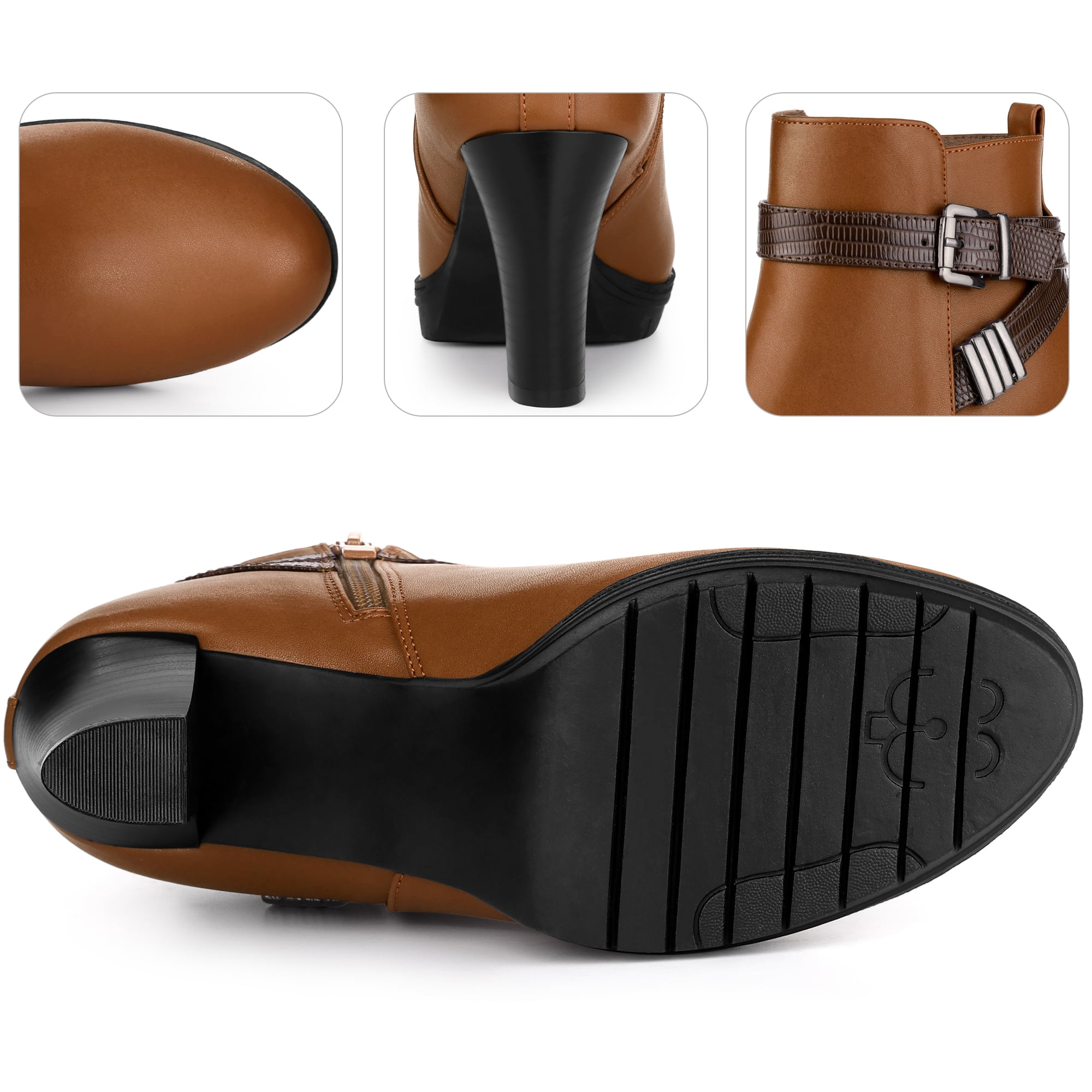 Unique Bargains Platform Block Heel Boots Buckle Ankle Boots for Women Brown 9.5