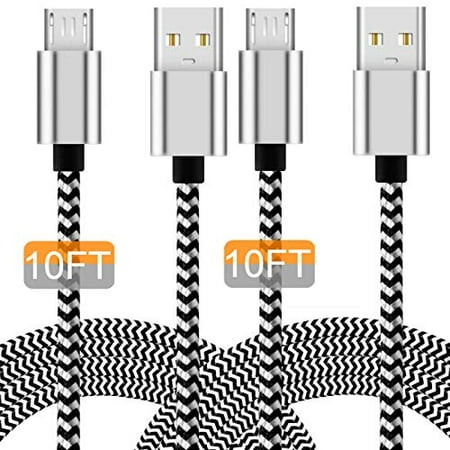 Micro USB Charging Cable, 10FT Nylon Braided Controller Charger, Charge and Play, Micro USB High Speed Charger Sync Cord for Controller Devices, Cell Phones and Tablets (2-Pack, 10 Foot)