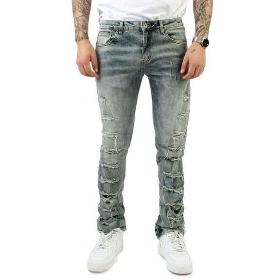 Crysp Denim Men's Fray Flare Stacked Distressed Ripped Skinny Fit Stretch Jeans (32, Indigo)