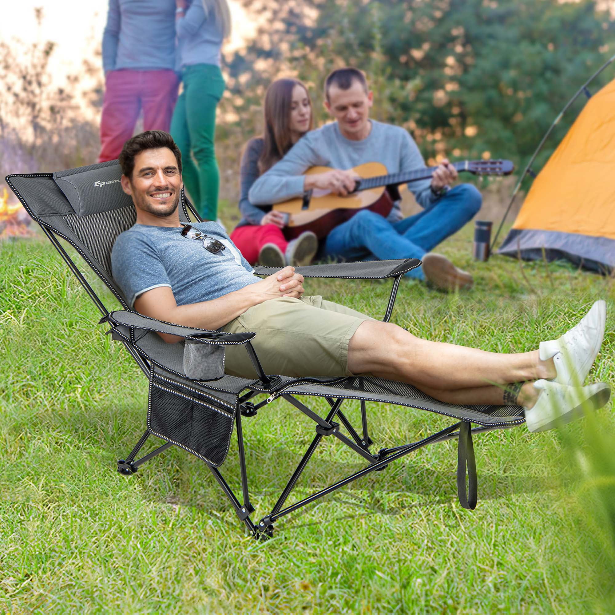 Costway Folding Camping Chair with Detachable Footrest Grey