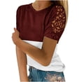 thumbnail image 2 of SDNall Short Sleeve Shirts for Women Fashion Summer Round Neck Leisure Short Sleeve Printed Lace Stitching Tops Cotton Shirts for Women (Wine, Sizes S-XXXXL), 2 of 9