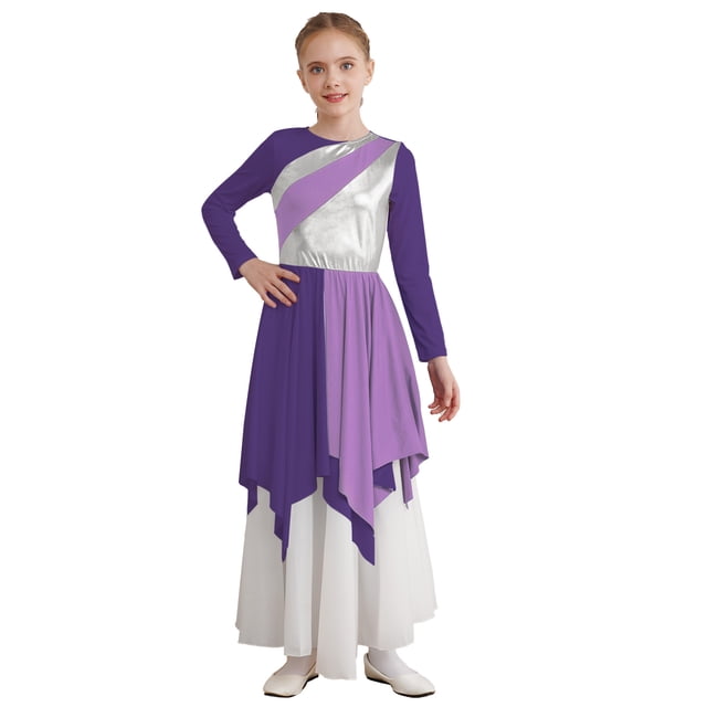 Sinleey Robe de Danse à Manches Longues pour Filles Enfants Robe de Prière Métallique avec Pantalon Grand Violet 10