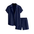 thumbnail image 2 of Men's Summer 2-Piece Set, Solid Color Jacquard Short Sleeve Button-Down Lapel Shirt and Shorts, Lightweight Casual Outfit For Vacation and Beach,Navy,2XL, 2 of 6