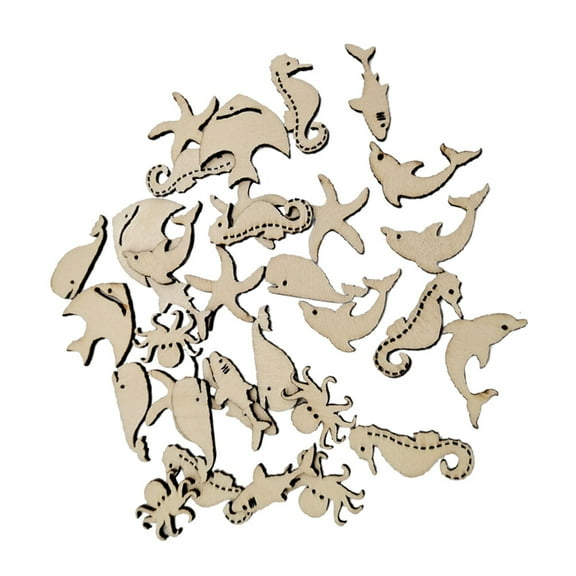 50 Pcs Marine Animal Wood Chips Painting Slice Ocean Animals Cutout for Kids Sea Decor DIY Wooden Child