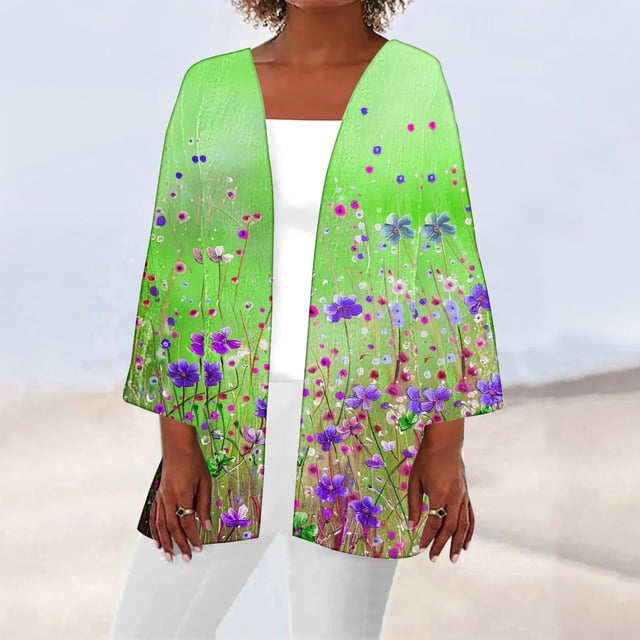 Drppepioner Cardigan pour Femmes Élégant Été Automne Imprimé Manches Longues Ample Blouse Décontractée Verte