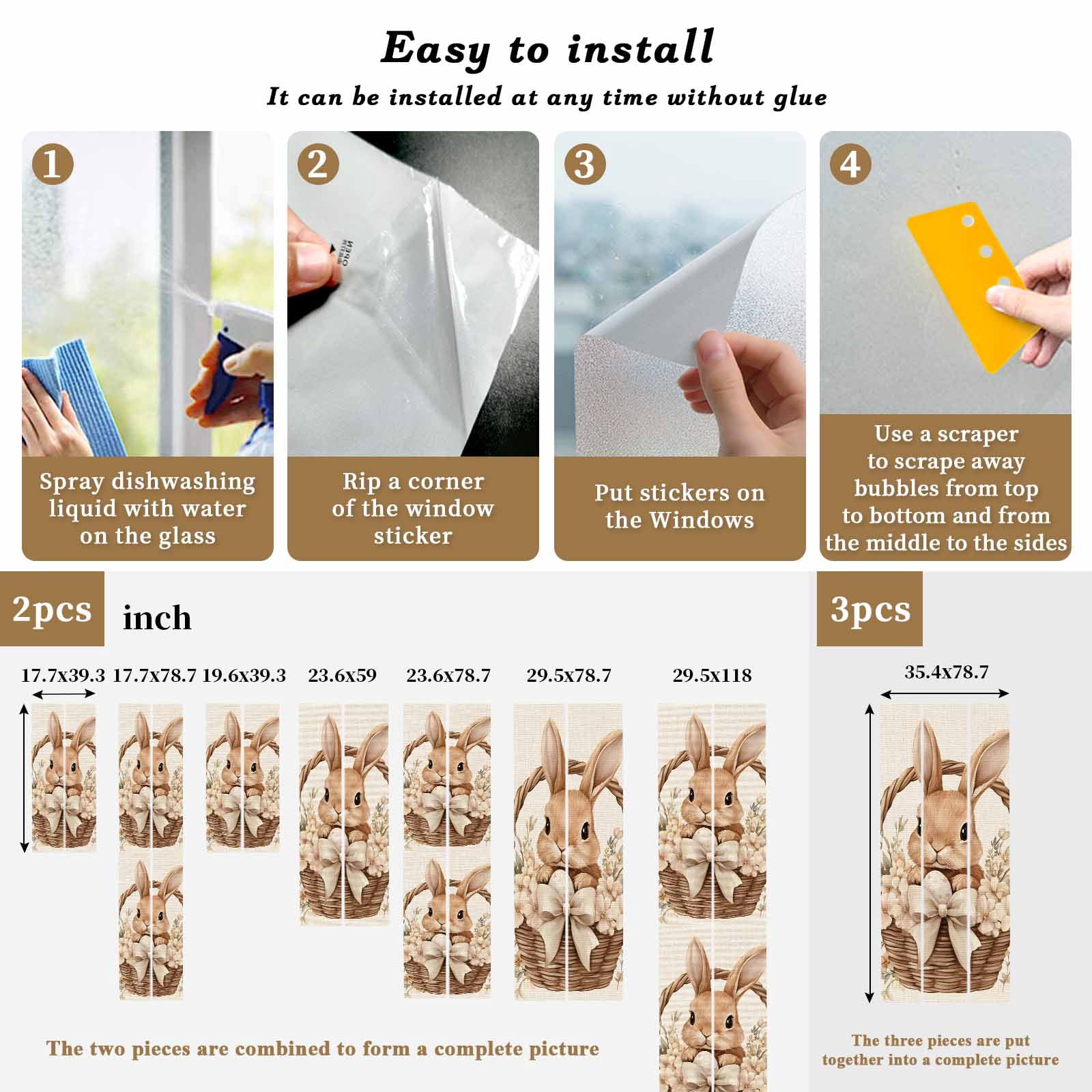 Easter Basket Rabbit Window Privacy Film, Vintage Bowknot Egg Spring Floral Leaf Linen Texture Frosted Glass Window Clings Static Cling Heat Blocking Reusable Door Sticker for Bedroom 23.6x78.7 Inch