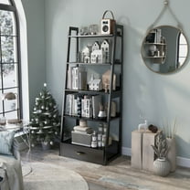 Stryi 5-Shelf and 1-Drawer Solid Wood Ladder Bookcase, Black