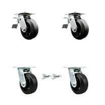 6 Inch Rubber on Steel Caster Set with Ball Bearings 2 Brake 2 Swivel Lock SCC