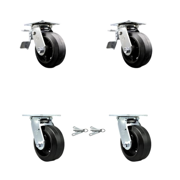 6 Inch Rubber on Steel Caster Set with Ball Bearings 2 Brake 2 Swivel Lock SCC
