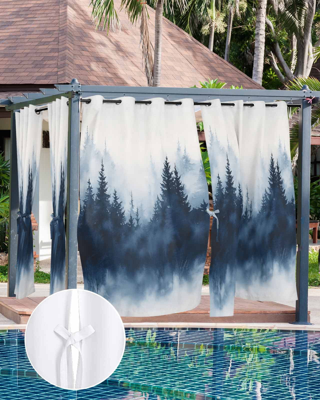 nqOlkjepod Outdoor Curtains for Patio Waterproof, Ink Blue Forest Outdoor Privacy Panels Grommet, Ombre Tree Abstract Art Blackout Outside Curtains for Porch/Cabana/Pergola/Gazebo 54"x84", 2 Panels
