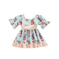 thumbnail image 1 of Qmyliery Kid Baby Girl Summer Dress, Rabbit Embroidery Pattern Puff Short Sleeve Square Neck A-Line Dress, 1 of 9