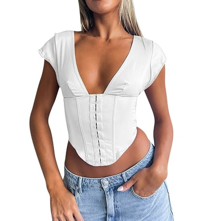Mnyotv Summer Tank Womens Sexy Deep V Neck Corset Slim Lace Up Girl All T Shirt Vest Suspenders White S