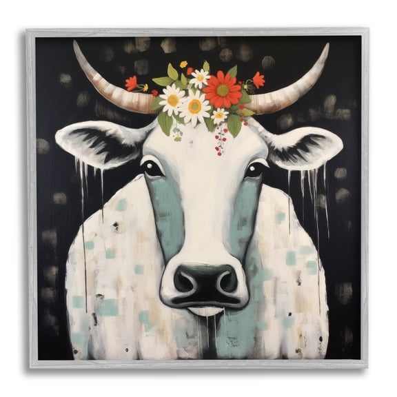 Stupell Industries Eclectic Cow & Florals on Black Gray Framed Giclee Art, 24 x 24, by Lazar Studio