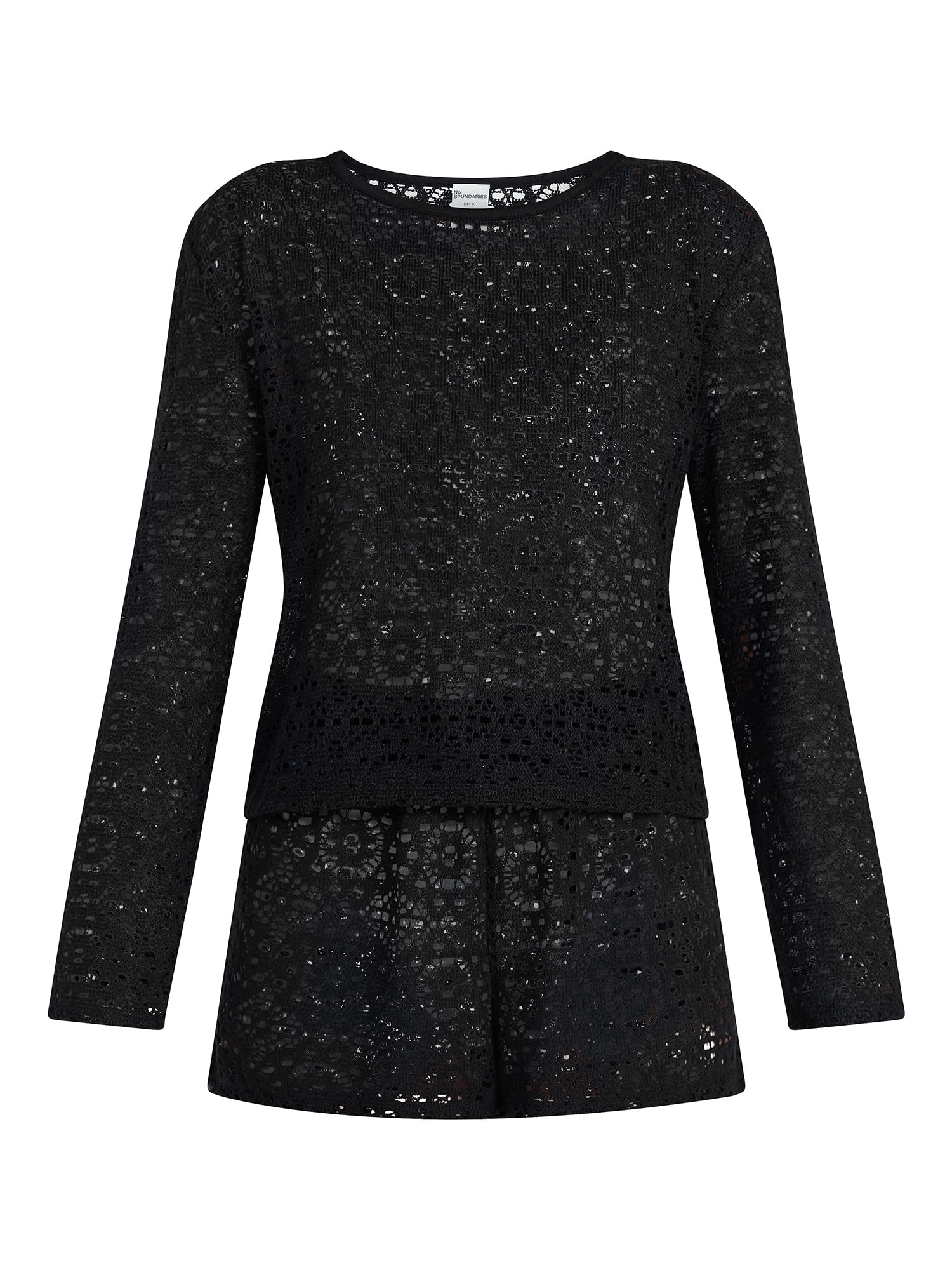 No Boundaries Crochet Coverup Top with Long Sleeves, Women's XXS-XXL
