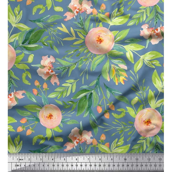Soimoi Blue polyester Crepe Fabric Leaves & Ranunculus Floral Print Fabric by the Yard 52 Inch Wide