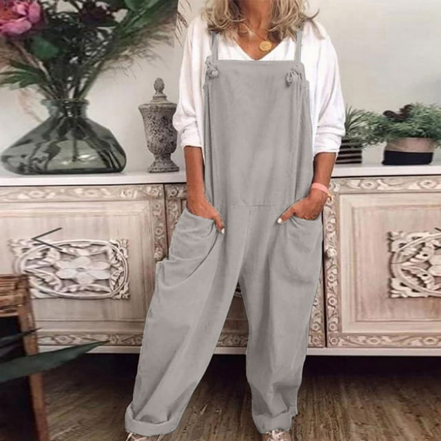 Jienlioq Pantalon Cargo Femme Salopettes pour Femmes Décontractées Amples Salopette Combishort Ample Combinaison en Coton et Lin