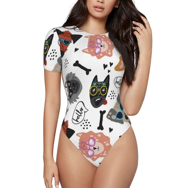 KLL Hip Hop Dog pour Femmes Justaucorps à Manches Courtes, Justaucorps Aguichant une Pièce Col Rond Justaucorps Shapewear Contrôle du Ventre-TG