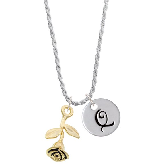 Delight Jewelry Goldtone Stemmed Rose Silvertone Script Initial Disc - Q - Charm Necklace, 20"+3"