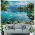 thumbnail image 4 of JRXY  Nature Tapestry, Lake Tahoe Snowy Mountain Reflection on Clear Water Rocky Shore View, Fabric Wall Hanging Decor for Bedroom Living Room Dorm, Pale Blue Green Eggshell Painting, 4 of 6
