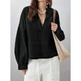 thumbnail image 2 of Womens Denim Tops Pullover Trendy Casual V Neck Loose Fit Puff Sleeve Jean Cotton Shirts, 2 of 5