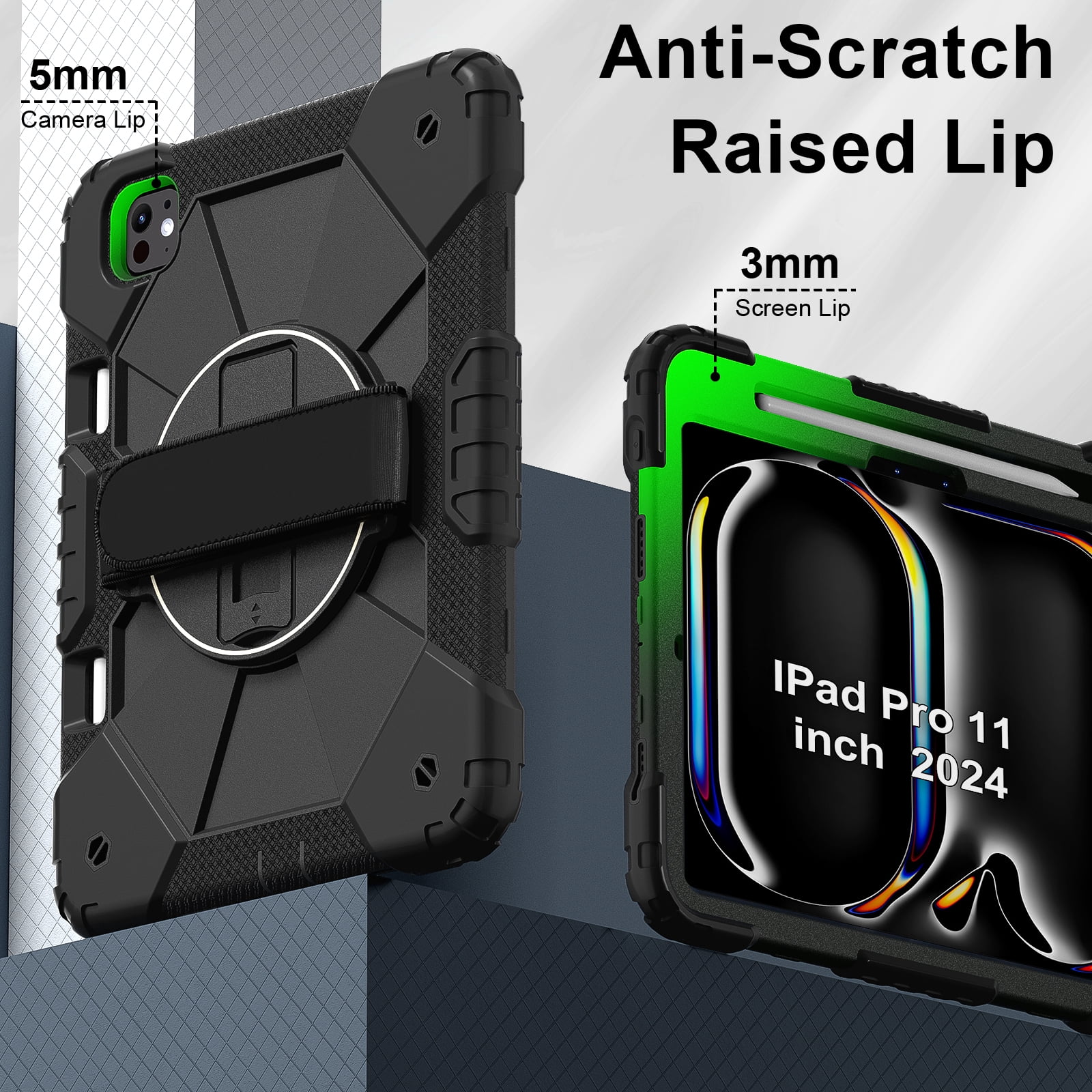 Allytechgroup iPad Pro 11 2024 Case Cover with Pencil Holder, Rugged Protection with Kickstand & Hand Strap Heavy Duty Shockproof Kids Friendly Case for Apple iPad Pro 11 M4 2024, Black