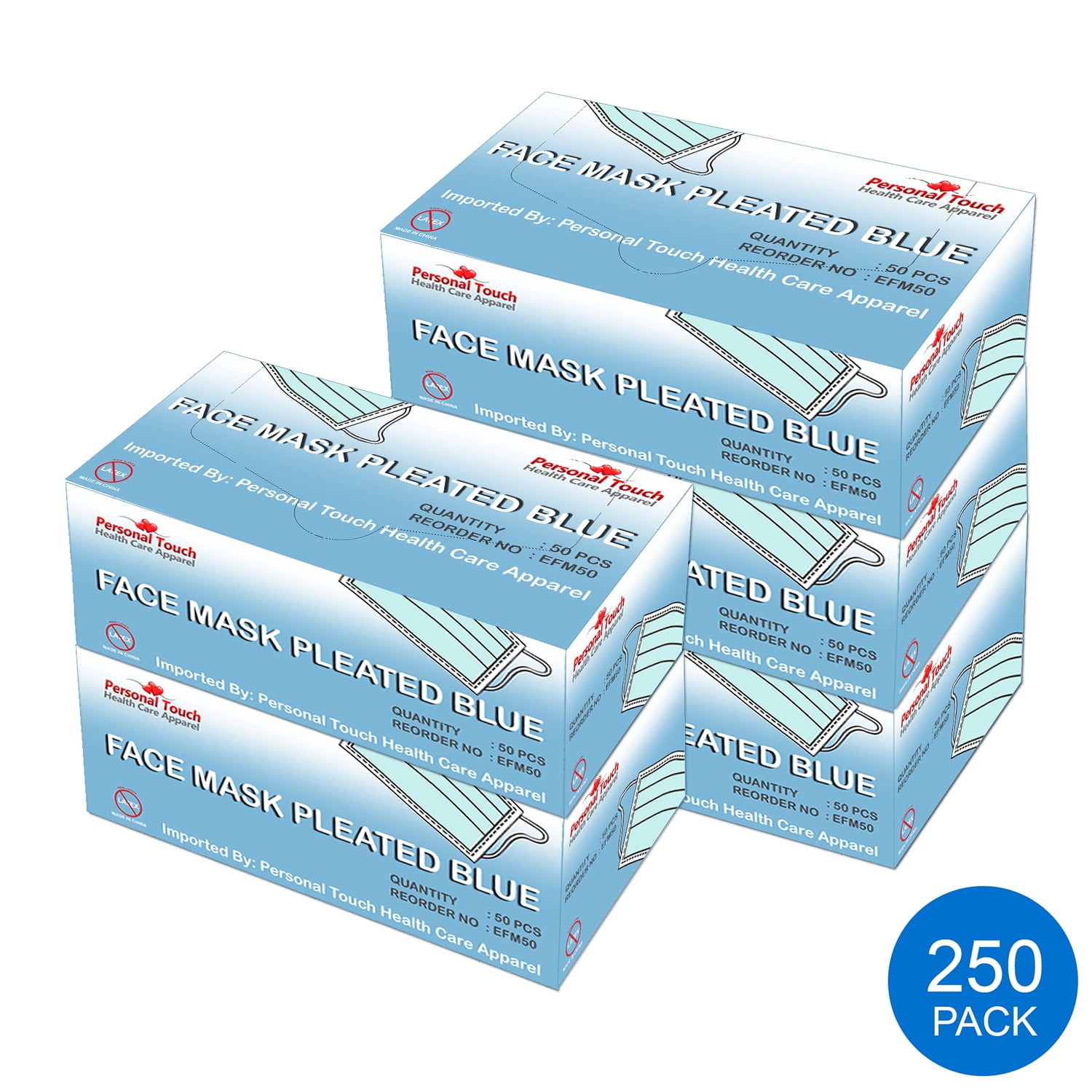 Personal Touch Blue Disposable Earloop Face Mask Pleated Pack of (250 Pcs)