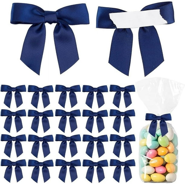50 lazos de cinta de raso azul, lazos para atar bolsas de dulces, 50 mm (2"), mini lazos para manualidades, decoraciones autoadhesivas para fiestas.