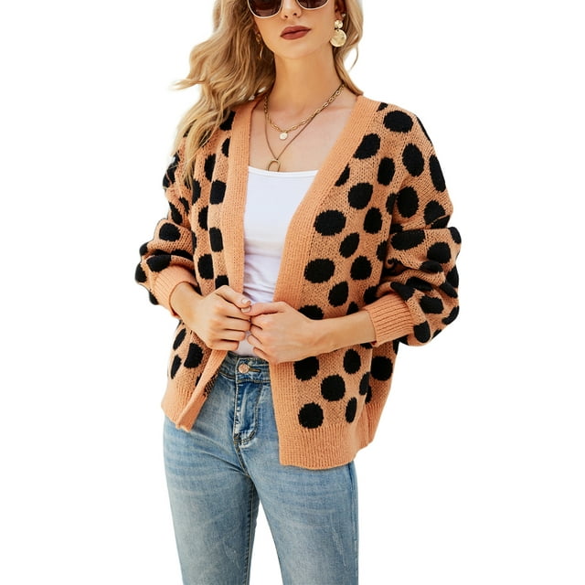 Diconna Open Front Knit Sweater Dot Print Long Sleeve V-neck Cardigan
