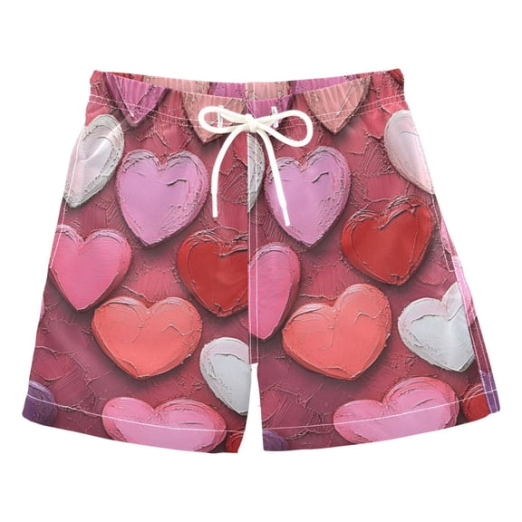 Pink Colored Painted Heart Boys Swim Trunks Quick Dry Boy Swim Shorts for 3-14 Years
