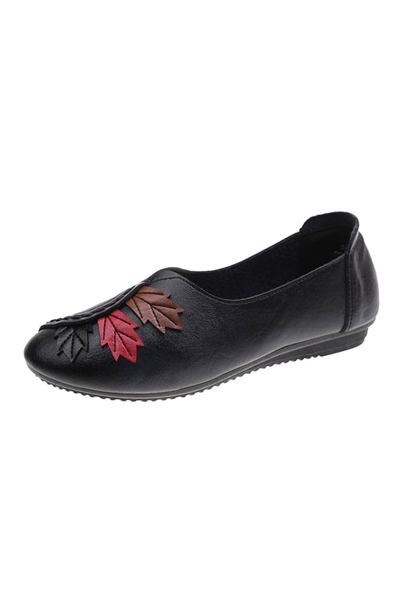 Fashion Four Season Women Casual Shoes Flat Round Toe Patchwork Leather Solid Color Leaves Lightweight And Comfortable Slip On Elegant Women'S Slip-Ons