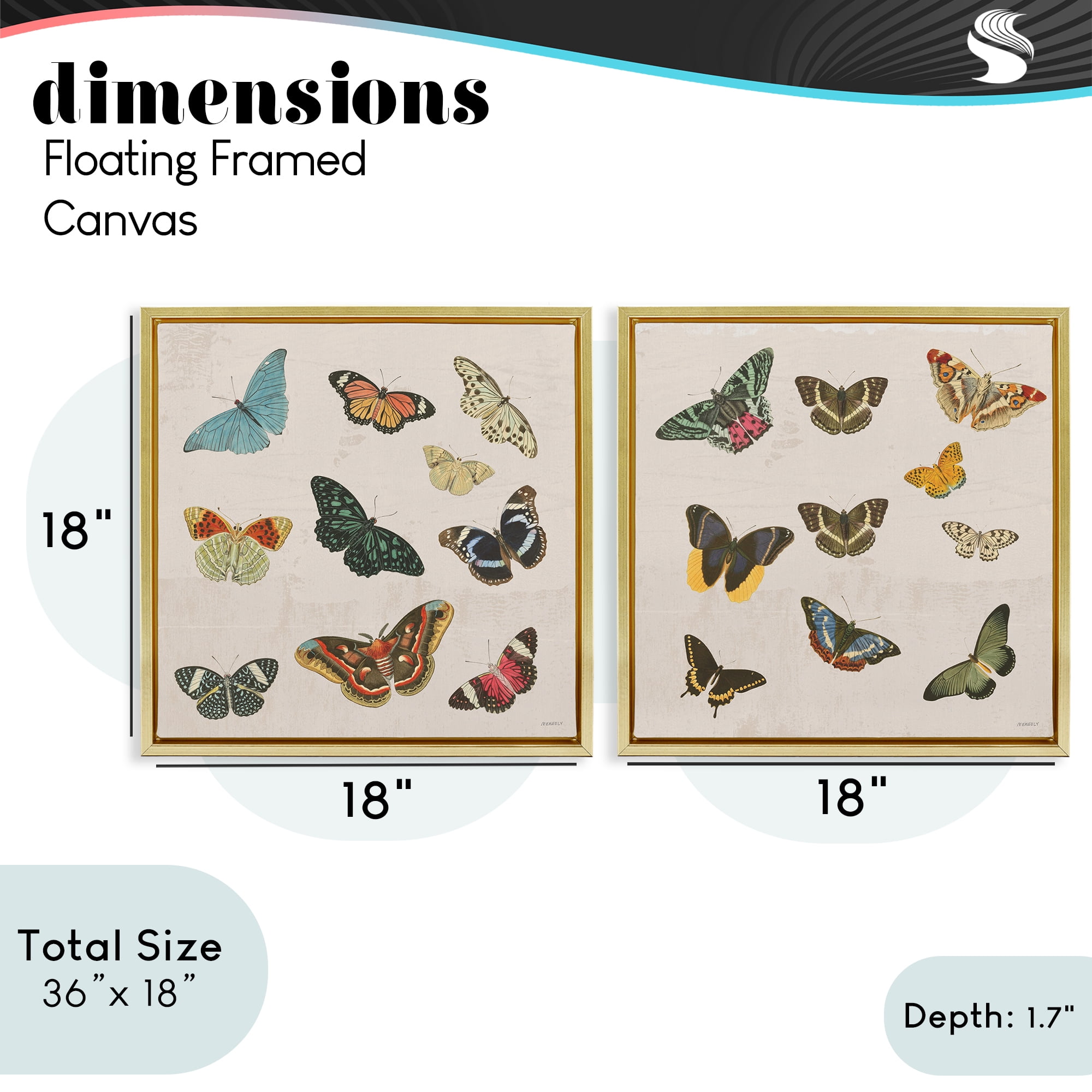 Stupell Industries Collection of Vintage Butterflies 2 Piece Gold Framed Floater Canvas Set, design by Dan Meneely