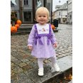 thumbnail image 6 of RUINIXCW Toddler Bbay Girl Halloween Dress Outfit Infant Baby Girls Fall Gingham Plaid Dress Pumpkin Ghost Embroidery Puff Long Sleeve Bow Decror A Line Dress, 6 of 9