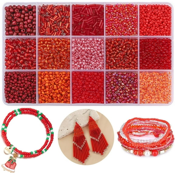 Papapt 15 Color 4mm Small Assorted Glass Seed Beads,3mm Bugle Beads Friendship Bracelet Kit,2mm Tiny Tube Beads for Jewelry Making(Red Bead) #J02