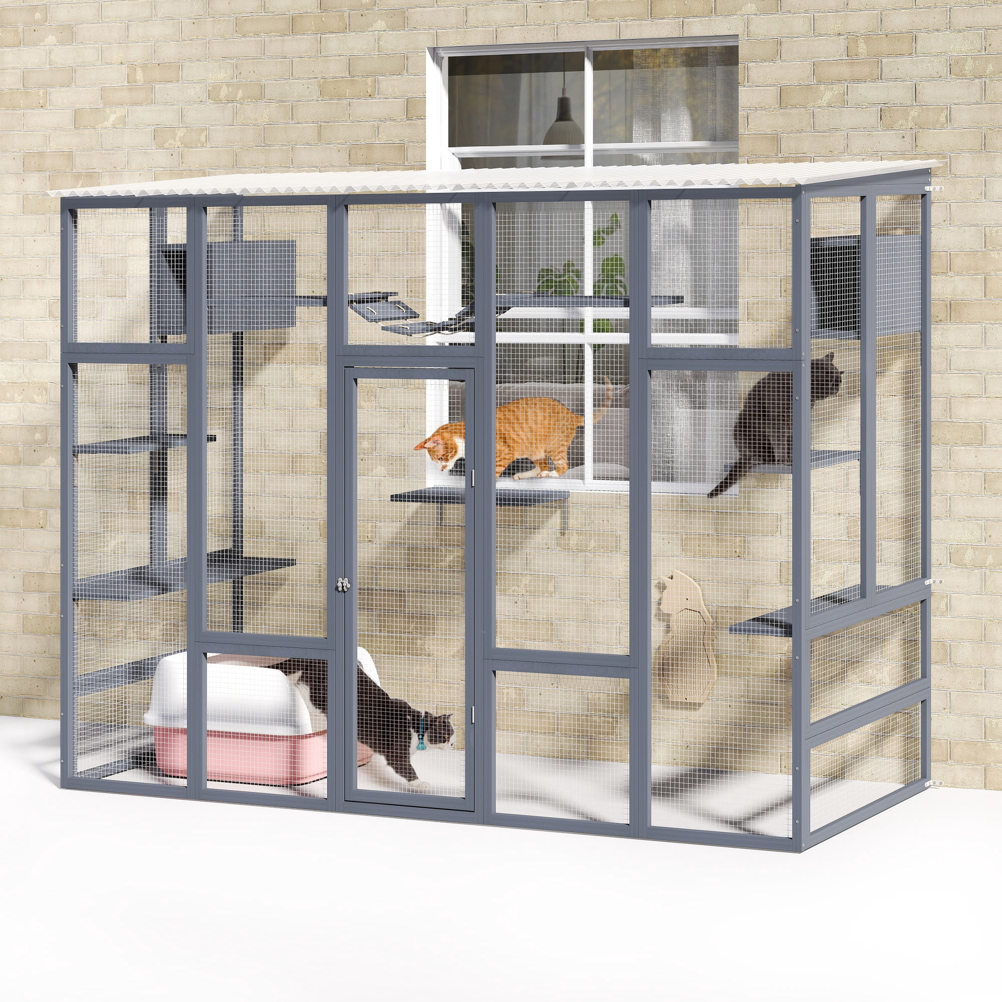 COZIWOW Catio Outdoor Cat Enclosure, 104" L Large Catio for Indoor Cats Window Access, Wooden Cat House