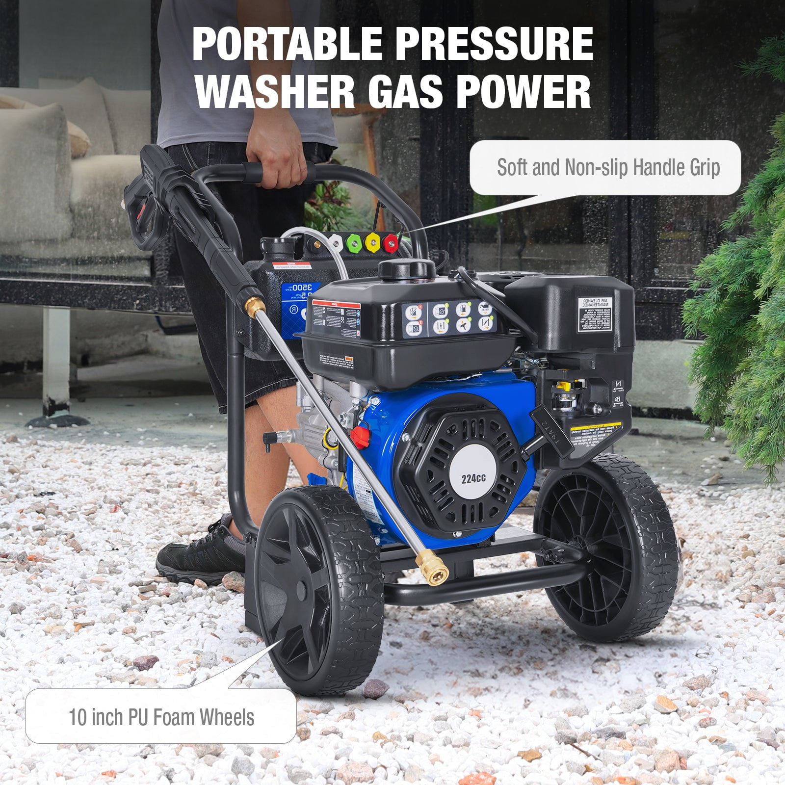 ANLIBATT Gas Pressure Washer 3500 PSI 2.5 GPM 224cc Engine 5 Quick-Adjustable Nozzles for Gardens, Household, Cars, Patios, Driveways