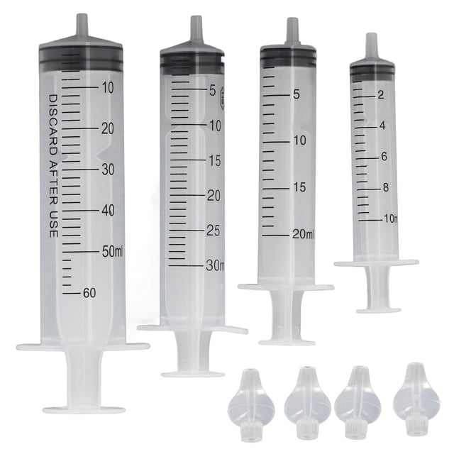 4 jeringas limpiadoras nasales para bebés de 10 ml, 20 ml, 30 ml y 60 ml.