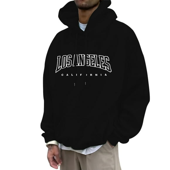LUOGENLI Hoodies for Men Carhartt Dark Blue Male Autumn and Winter Fashion Casual Letter Part Print Hooded Pullover Long Sleeve Hooded Sweater Tops Zipper Hoodies for Men Black Size S