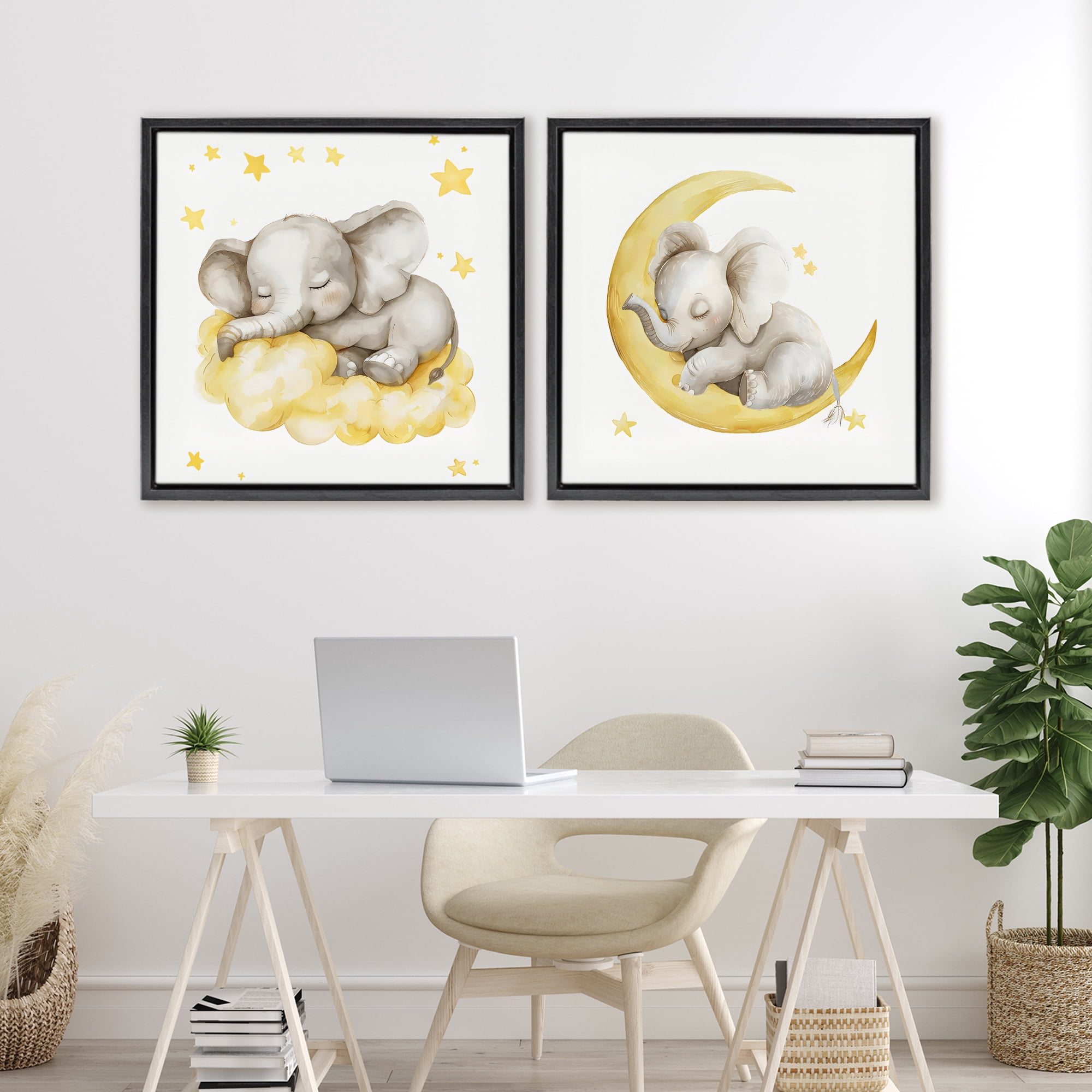 Stupell Industries Sleeping Elephant Moon and Clouds 2 Piece Black Framed Floater Canvas Set, design by LSR Design Studio