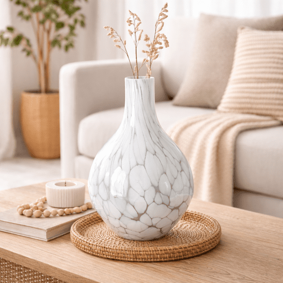 Expobazaar  White Splutter Round Glass Vase - 13"