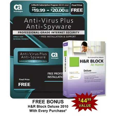 CA AntiVirus Plus Software - 6 Month Sub. w/ Bonus H&R Block At Home Deluxe- XSDP -AVPS7BPCCTD1E - CA AntiVirus Plus v7 Software is designed to detect and remove harmful Trojans, worms,