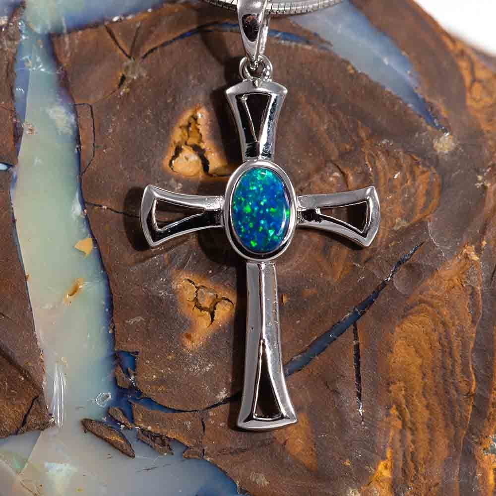 Australian Opal Direct - ELECTRIC CROSS STERLING SILVER BLACK OPAL