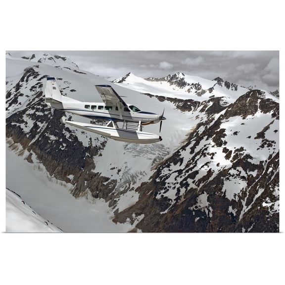 Great BIG Canvas | "Cessna Caravan Amphibian Seaplane Flying Through Coast Mountains, British Columbia" Art Print - 24x16