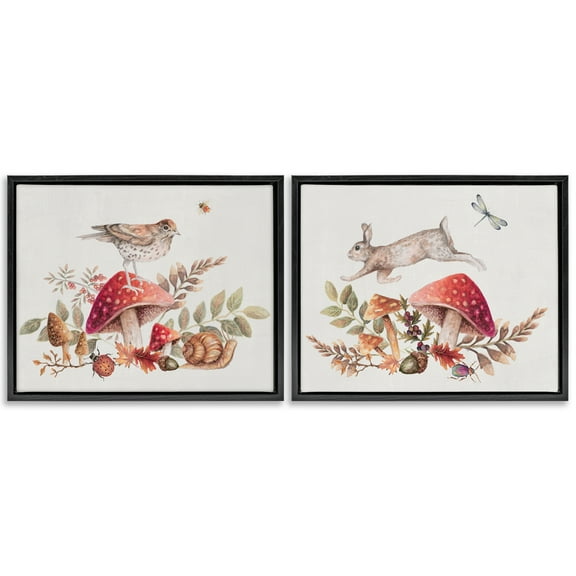 Stupell Industries Woodland Bird Rabbit Mushrooms Plants & Flowers Painting Black Floater Framed Canvas Art Print Wall Art, 21 x 17, Set of 2