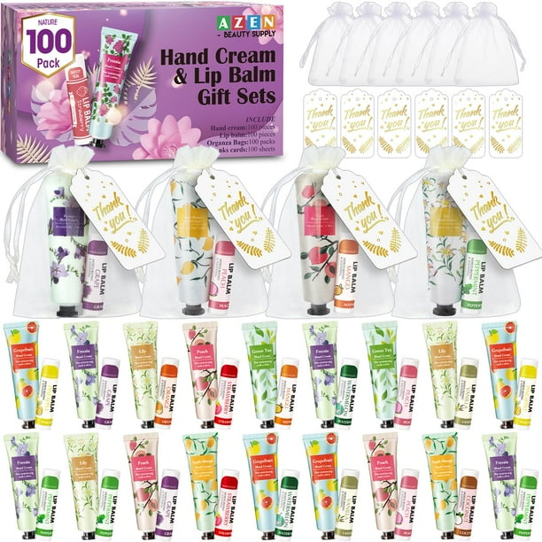 Set de crema de manos y bálsamo labial AZEN, 100 juegos con bolsa de organza