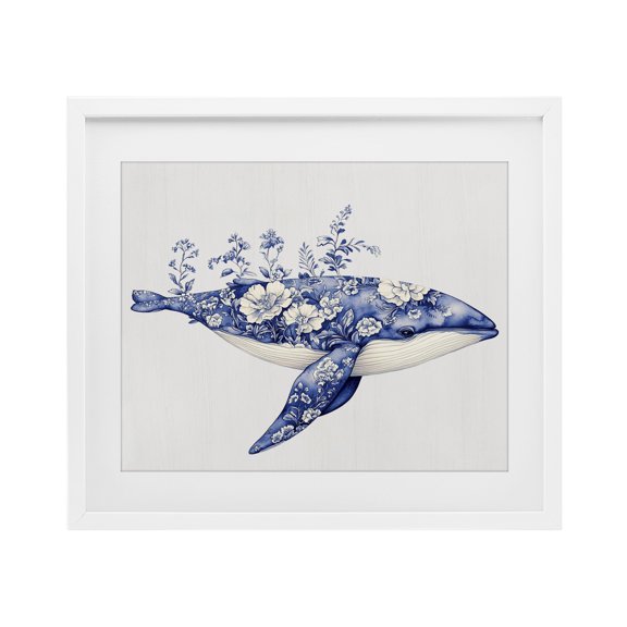 Stupell Industries Coastal Blooming Toile Whale White Framed Print Under Glass, 16 x 13, by Lettered and Lined